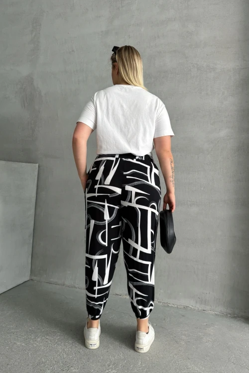 Büyük Beden Beli ve Paçası Lastikli Desenli Cepli Pantolon 98-4