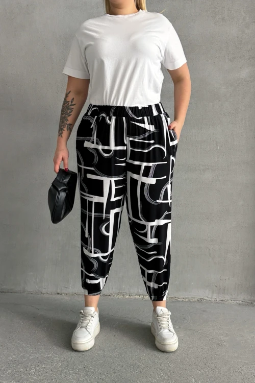 Büyük Beden Beli ve Paçası Lastikli Desenli Cepli Pantolon 98-4