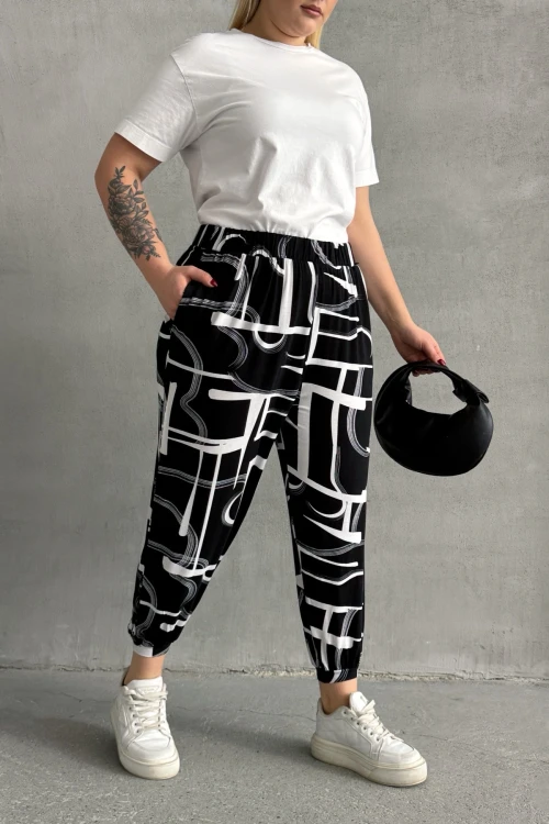 Büyük Beden Beli ve Paçası Lastikli Desenli Cepli Pantolon 98-4