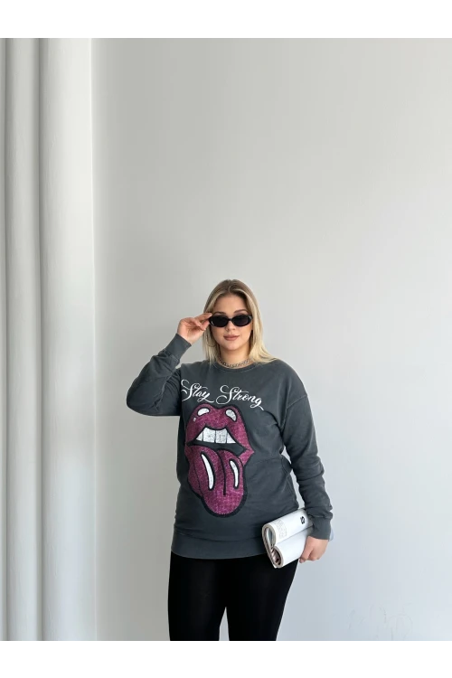 Büyük Beden Bisiklet Yaka Baskılı Pul Detaylı Yıkamalı Sweatshirt 301252