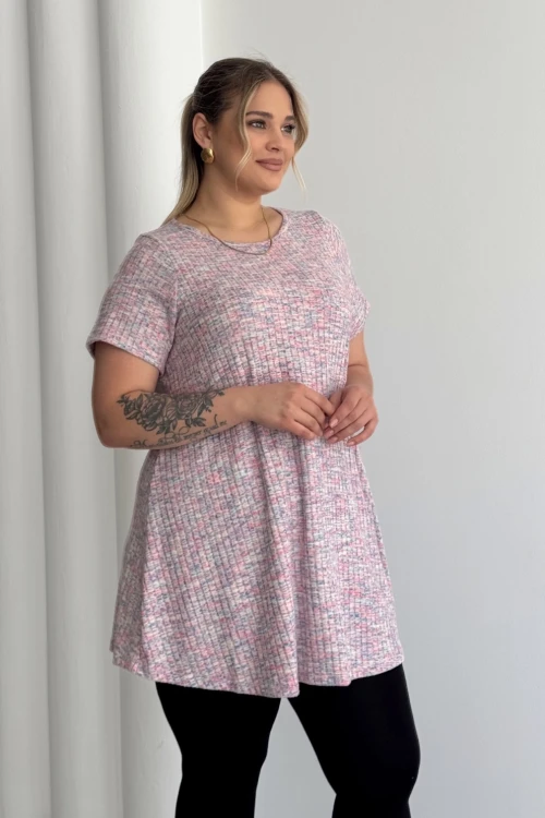 Büyük Beden Bisiklet Yaka Kısa Kollu Fitilli Kırçıllı Bluz 101-29