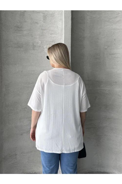 Büyük Beden Bisiklet Yaka Kısa Kollu Yanları Yırtmaçlı Astarlı Bluz 303434