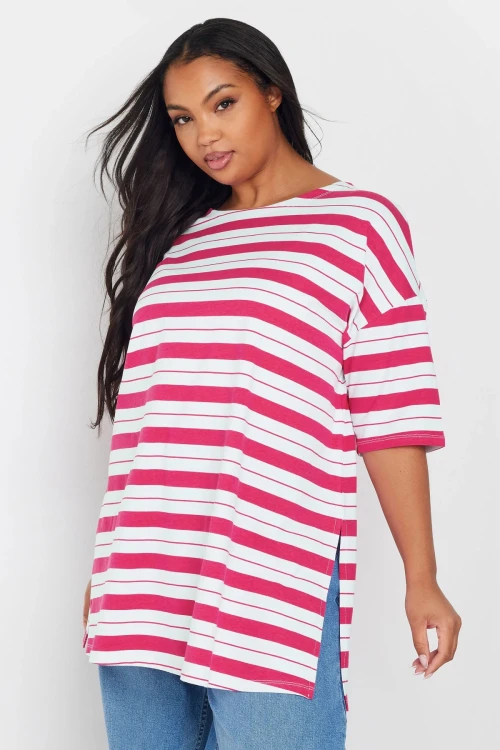 Büyük Beden Bisiklet Yaka Kısa Kollu Yanları Yırtmaçlı Çizgili T-shirt 303945