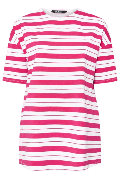 Büyük Beden Bisiklet Yaka Kısa Kollu Yanları Yırtmaçlı Çizgili T-shirt 303945