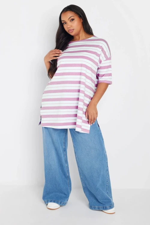 Büyük Beden Bisiklet Yaka Kısa Kollu Yanları Yırtmaçlı Çizgili T-shirt 303944