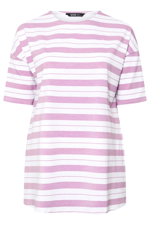 Büyük Beden Bisiklet Yaka Kısa Kollu Yanları Yırtmaçlı Çizgili T-shirt 303944