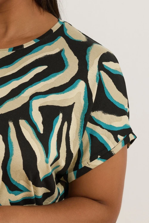 Büyük Beden Bisiklet Yaka Kısa Kollu Zebra Desenli Bluz 303918