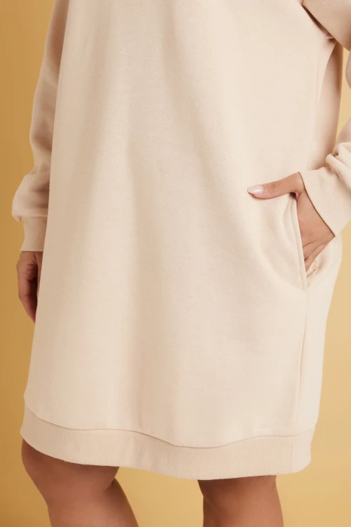 Büyük Beden Bisiklet Yaka Uzun Kollu Cepli Şardonlu Sweastshirt Elbise 304038