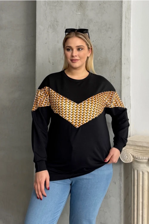 Büyük Beden Bisiklet Yaka Uzun Kollu Desenli Sweatshirt 300334