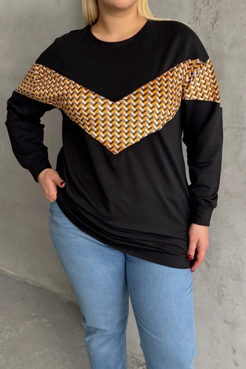 Büyük Beden Bisiklet Yaka Uzun Kollu Desenli Sweatshirt 300334