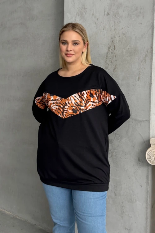 Büyük Beden Bisiklet Yaka Uzun Kollu Leopar Desenli Sweatshirt 300281