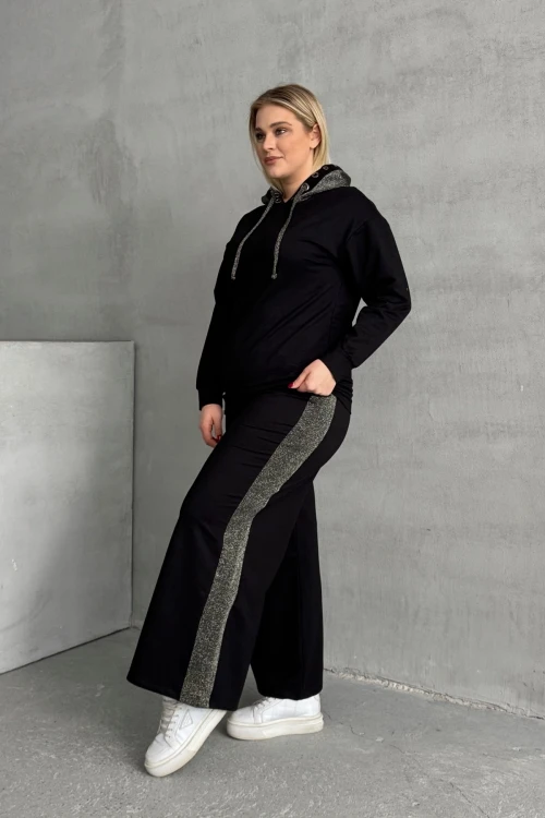 Büyük Beden Bol Paça Yanları Desenli Cepsiz Eşofman Altı 106-74