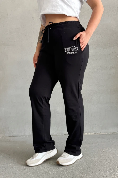 Büyük Beden Boru Paça Beli Büzgülü Cepli Yazı Baskılı Eşofman Altı 303902