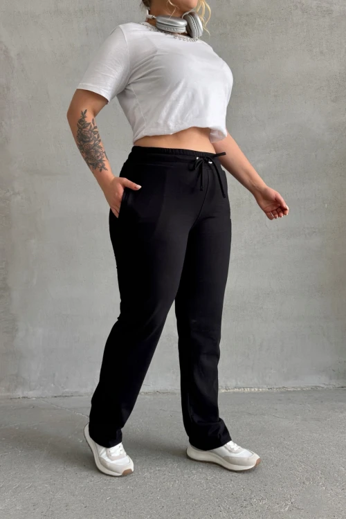 Büyük Beden Boru Paça Beli Büzgülü Cepli Yazı Baskılı Eşofman Altı 303902