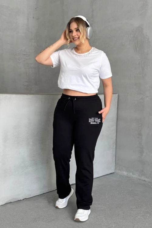 Büyük Beden Boru Paça Beli Büzgülü Cepli Yazı Baskılı Eşofman Altı 303902