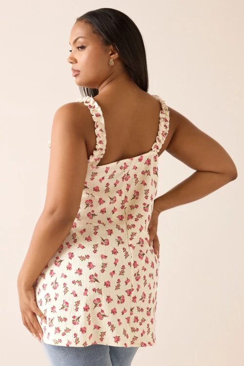 Büyük Beden Çiçek Desenli Bürümcük Kumaş Kare Yaka Kolsuz Bluz 322688