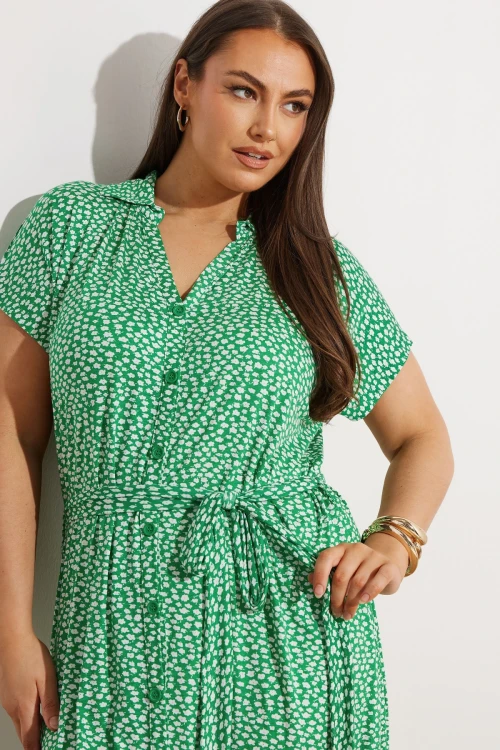 Büyük Beden Çiçek Desenli Midi Boy Beli Kuşaklı Düğmeli Elbise 303329