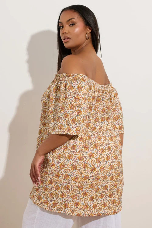 Büyük Beden Düşük Omuzlu Kısa Kollu Düğme Detaylı Desenli Bluz 322680