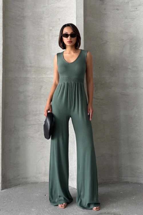 Büyük Beden Fitilli Kumaştan Beli Lastikli Sırt Detaylı Paçası Uzun Tulum 198140