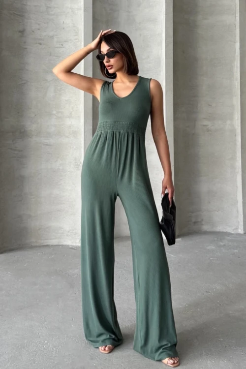 Büyük Beden Fitilli Kumaştan Beli Lastikli Sırt Detaylı Paçası Uzun Tulum 198140