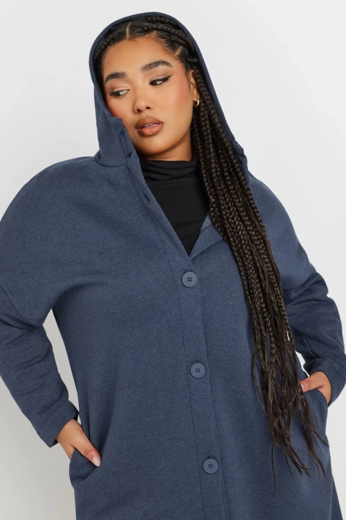 Büyük Beden Kapüşonlu Cepli Önü Düğme Kapamalı Uzun Ceket 303763