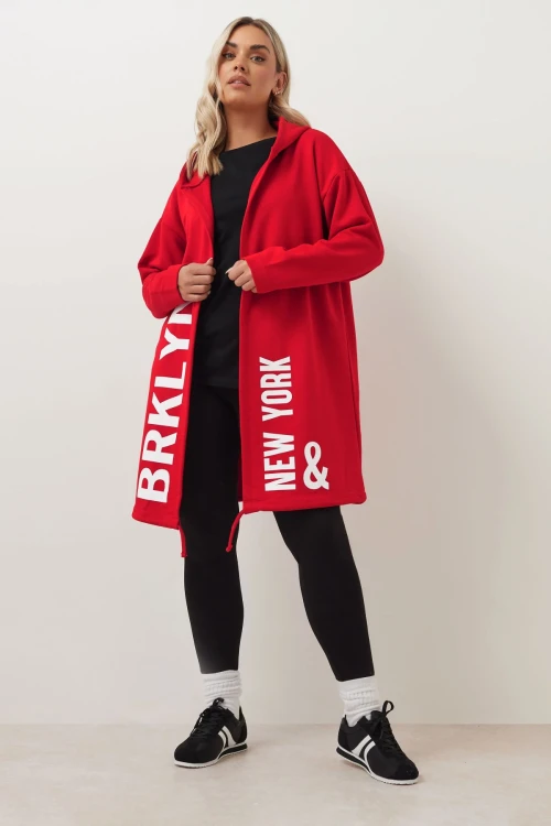 Büyük Beden Kapüşonlu Uzun Kollu Yazı Baskılı Cepsiz Hırka 303982