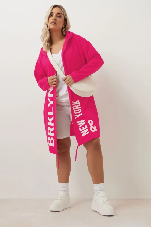 Büyük Beden Kapüşonlu Uzun Kollu Yazı Baskılı Cepsiz Hırka 303983