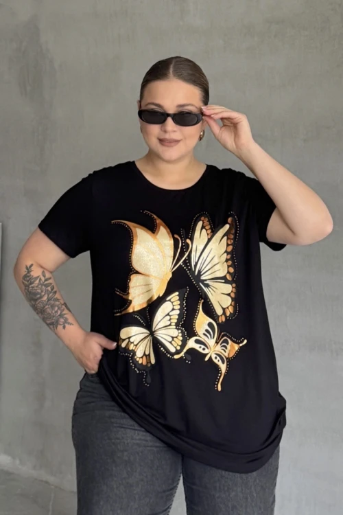 Büyük Beden Kelebek Baskılı Parlak Simli T-shirt 302275