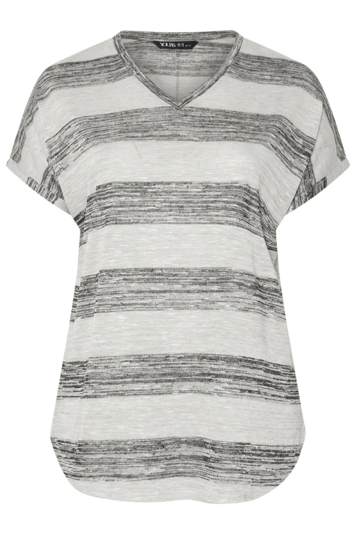 Büyük Beden Kısa Kol V Yaka Eteği Oval Kesim Çizgili Bluz 303993