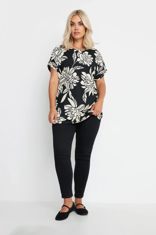Büyük Beden Kısa Kollu Bisiklet Yaka Çiçek Desenli Bluz 322001