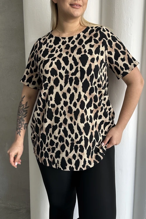 Büyük Beden Kısa Kollu Bisiklet Yaka Leopar Desenli Bluz 616006