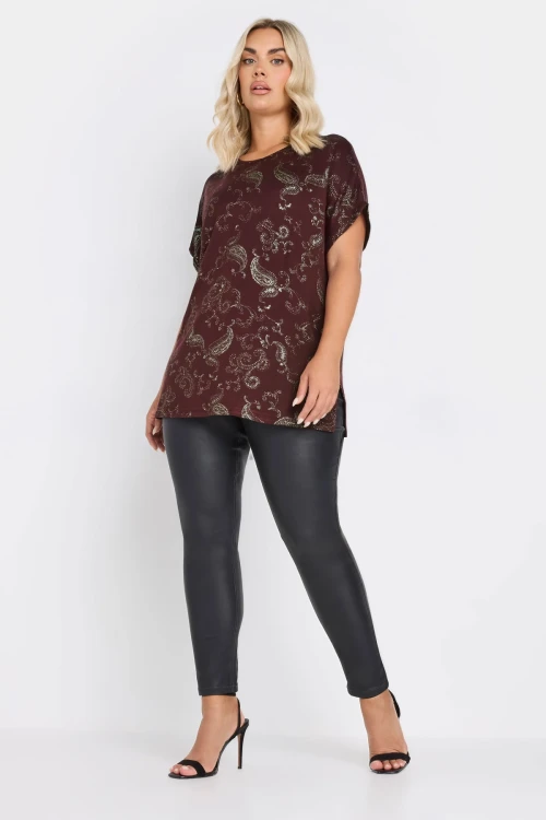 Büyük Beden Kısa Kollu Bisiklet Yaka Metalik Desenli Bluz 303666