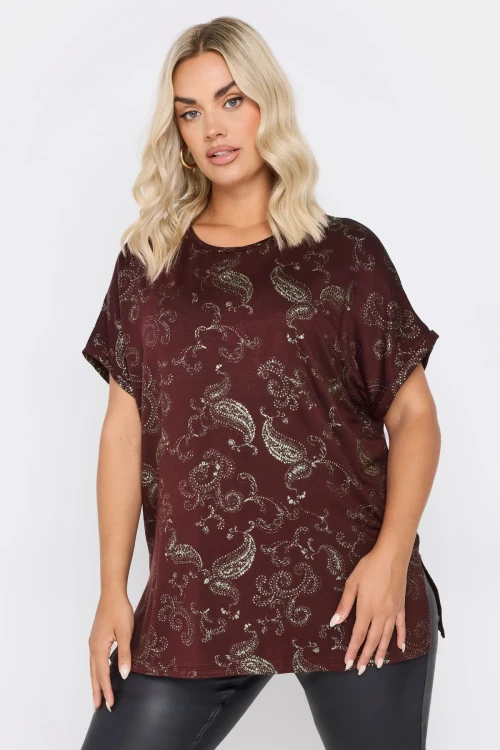 Büyük Beden Kısa Kollu Bisiklet Yaka Metalik Desenli Bluz 303666