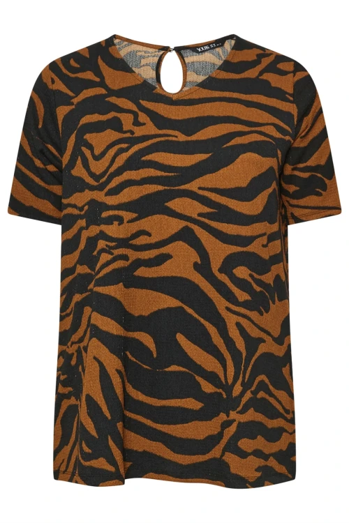 Büyük Beden Kısa Kollu Bisiklet Yaka Yanı Yırtmaçlı Desenli Bluz 303739