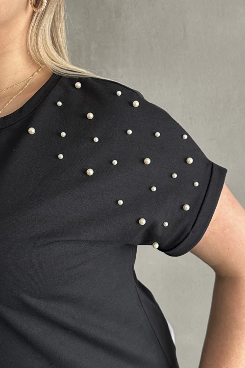 Büyük Beden Kısa Kollu Bisiklet Yaka Yanları Yırtmaçlı Boncuklu Basic T-shirt RFT-03