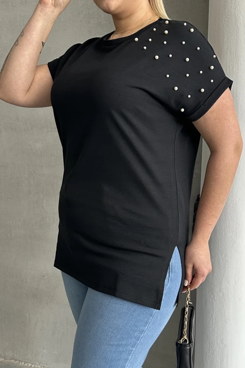 Büyük Beden Kısa Kollu Bisiklet Yaka Yanları Yırtmaçlı Boncuklu Basic T-shirt RFT-03