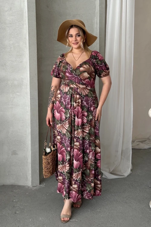 Büyük Beden Kısa Kollu Prenses Yaka Çiçek Desenli Maxi Elbise 74-80