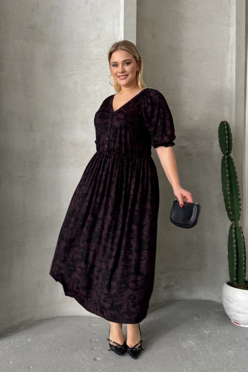 Büyük Beden Kısa Kollu V Yaka Önü Düğmeli Beli Lastikli Elbise 303699