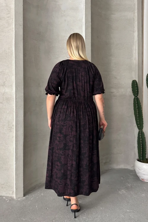 Büyük Beden Kısa Kollu V Yaka Önü Düğmeli Beli Lastikli Elbise 303699