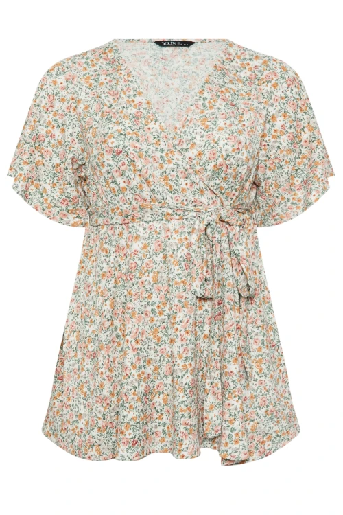 Büyük Beden Kısa Kollu V Yaka Önü Kuşaklı Desenli Eteği Bollaşan Bluz 321935