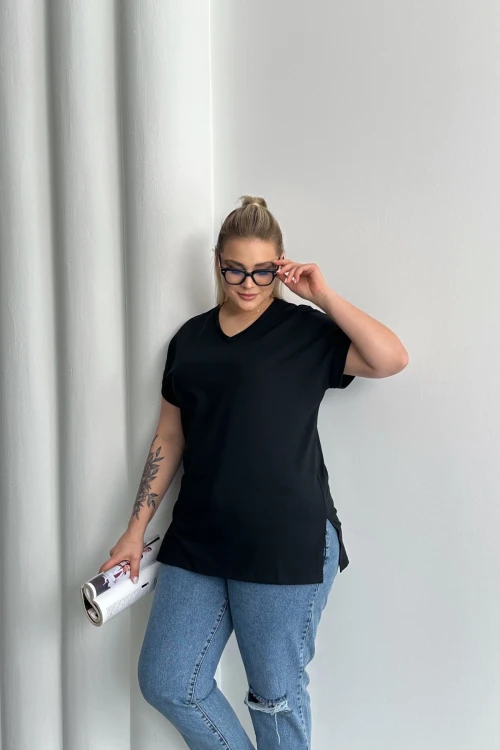 Büyük Beden Kısa Kollu V Yaka Yanları Yırtmaçlı Basic T-shirt RFT-02