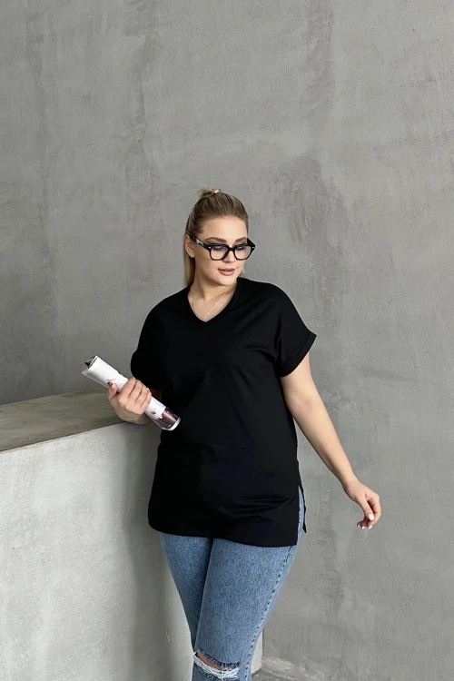 Büyük Beden Kısa Kollu V Yaka Yanları Yırtmaçlı Basic T-shirt RFT-02