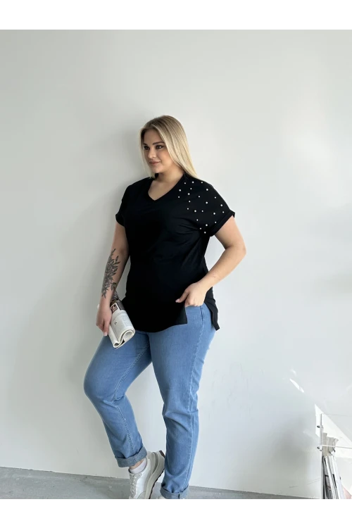 Büyük Beden Kısa Kollu V Yaka Yanları Yırtmaçlı Boncuklu Basic T-shirt RFT-04