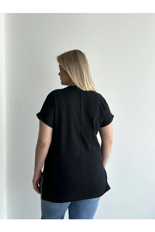 Büyük Beden Kısa Kollu V Yaka Yanları Yırtmaçlı Boncuklu Basic T-shirt RFT-04