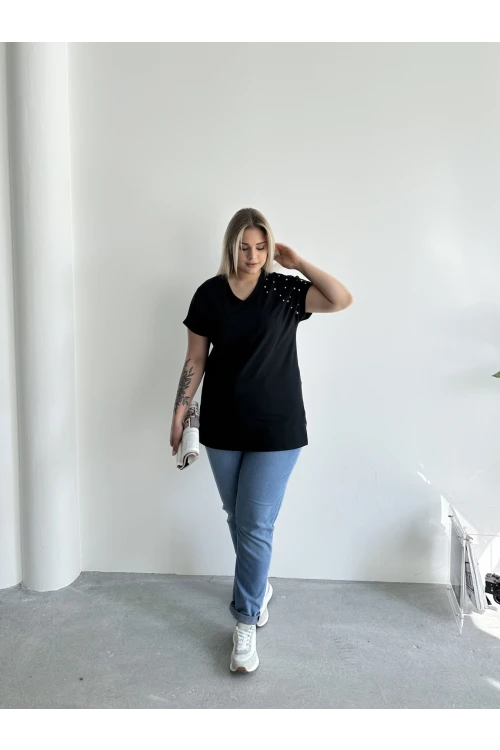 Büyük Beden Kısa Kollu V Yaka Yanları Yırtmaçlı Boncuklu Basic T-shirt RFT-04