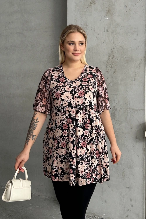 Büyük Beden Kısa Tül Kollu V Yaka Önü Pileli Bluz 321996