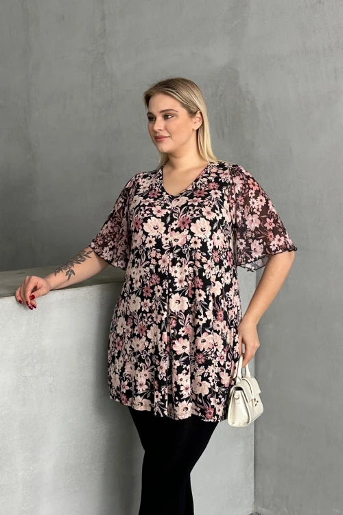 Büyük Beden Kısa Tül Kollu V Yaka Önü Pileli Bluz 321996