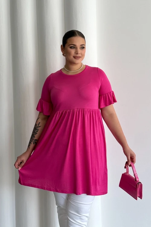 Büyük Beden Kol Detaylı Beli Lastikli Pileli Tunik T-shirt T41