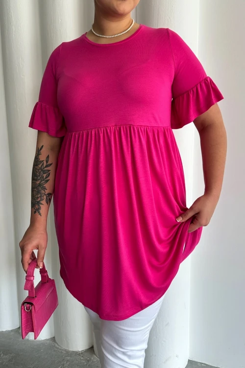 Büyük Beden Kol Detaylı Beli Lastikli Pileli Tunik T-shirt T41