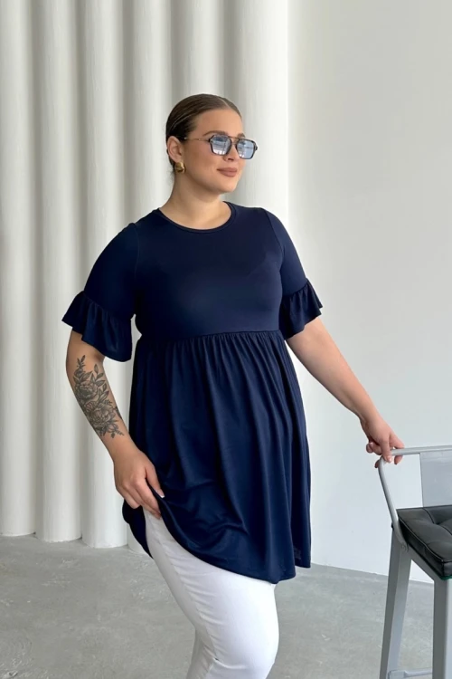 Büyük Beden Kol Detaylı Beli Lastikli Pileli Tunik T-shirt T42